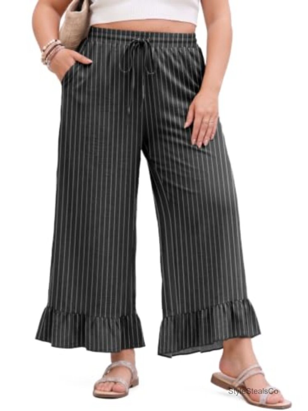 Plus Size Wide Leg Palazzo Pants with Pockets Drawstring High Waist Ruffle Hem